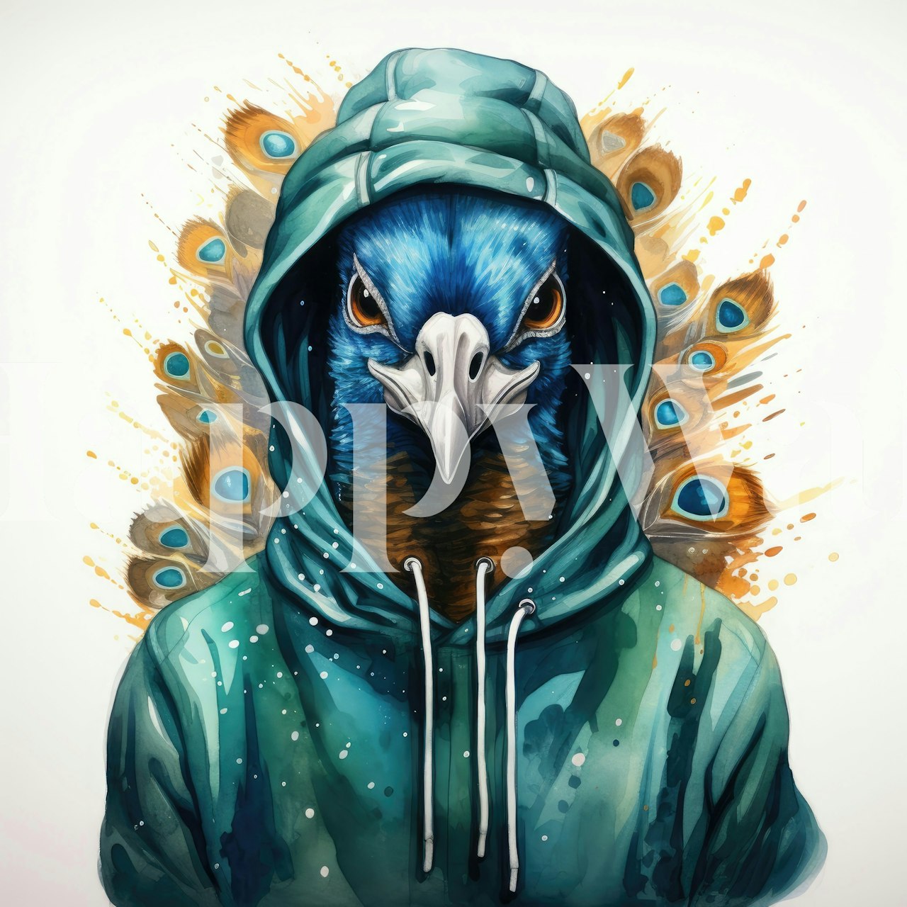 Watercolor Cartoon Peacock in a Hoodie ταπετσαρία