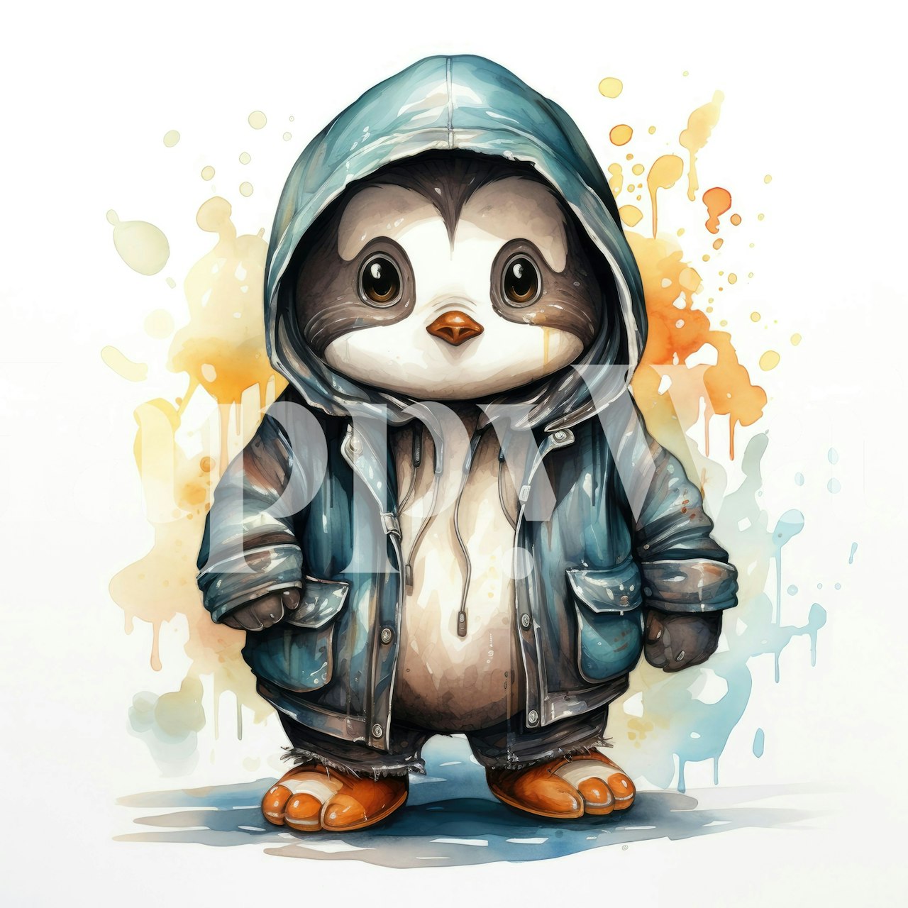 Watercolor Cartoon Penguin in a Hoodie στον τοίχο