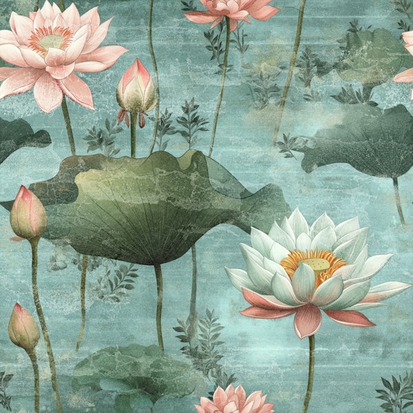 Teal White Lotus Fresco