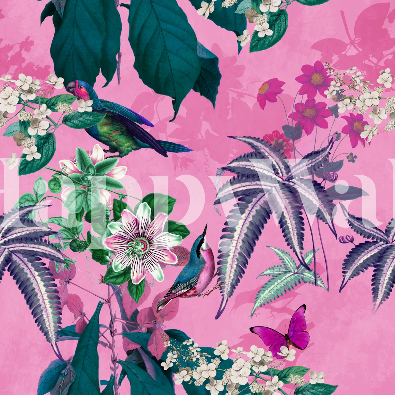 Blomstertapet i retrostil med rosa blomster og grønne blader på en livlig rosa bakgrunn