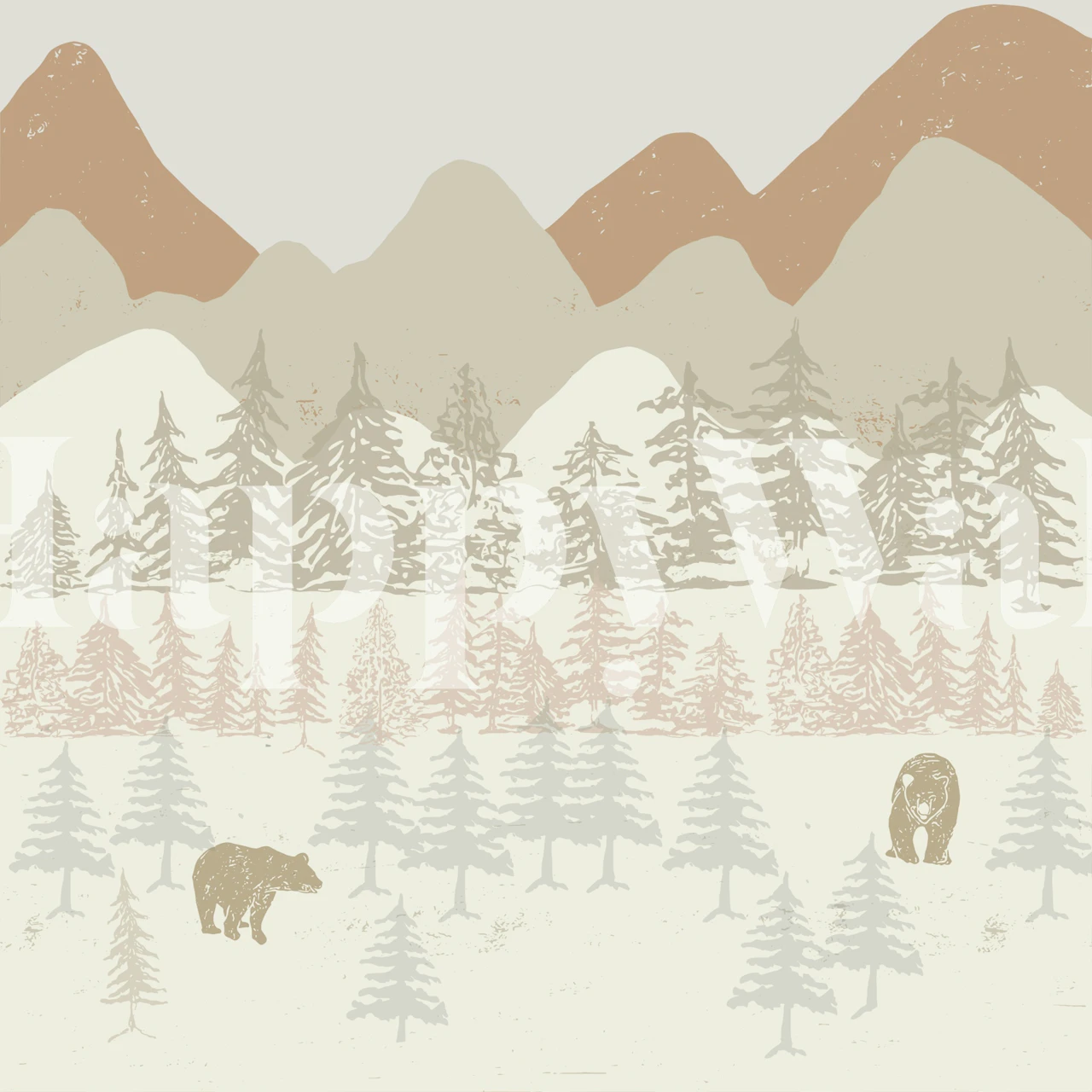 Mountain landscape with bears and pine trees in soft colors wallpaper