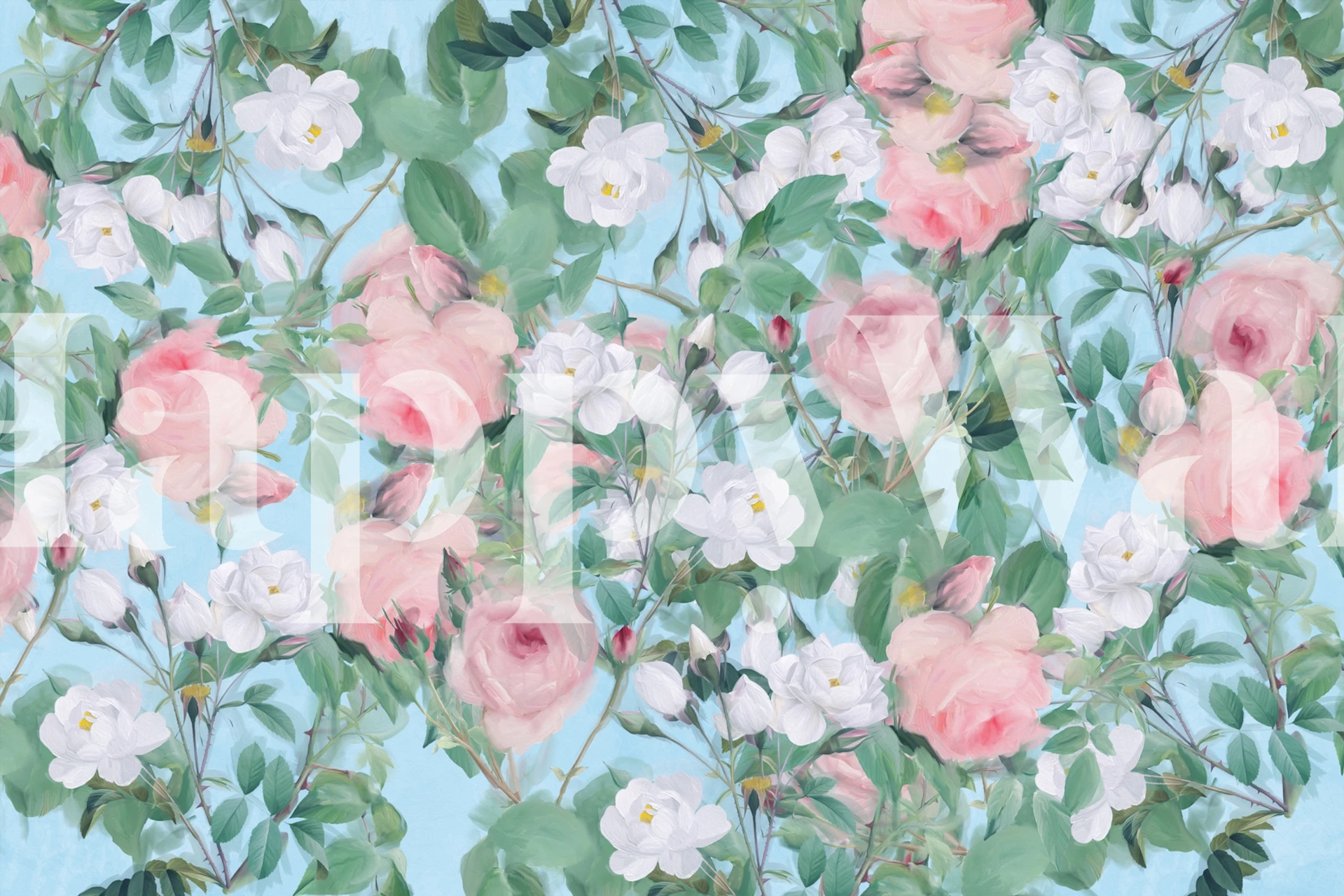 Floral wallpaper with roses on light blue