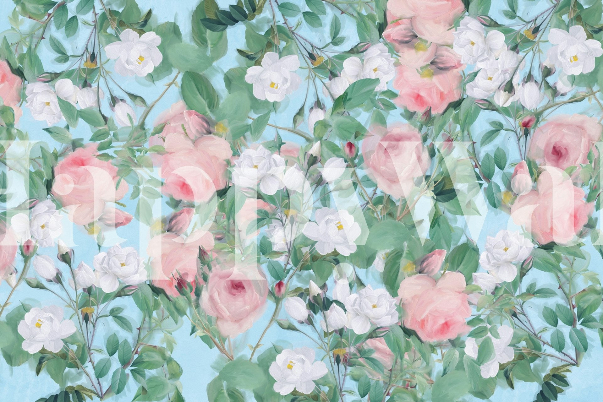 Blomstrete tapet med roses on light blue