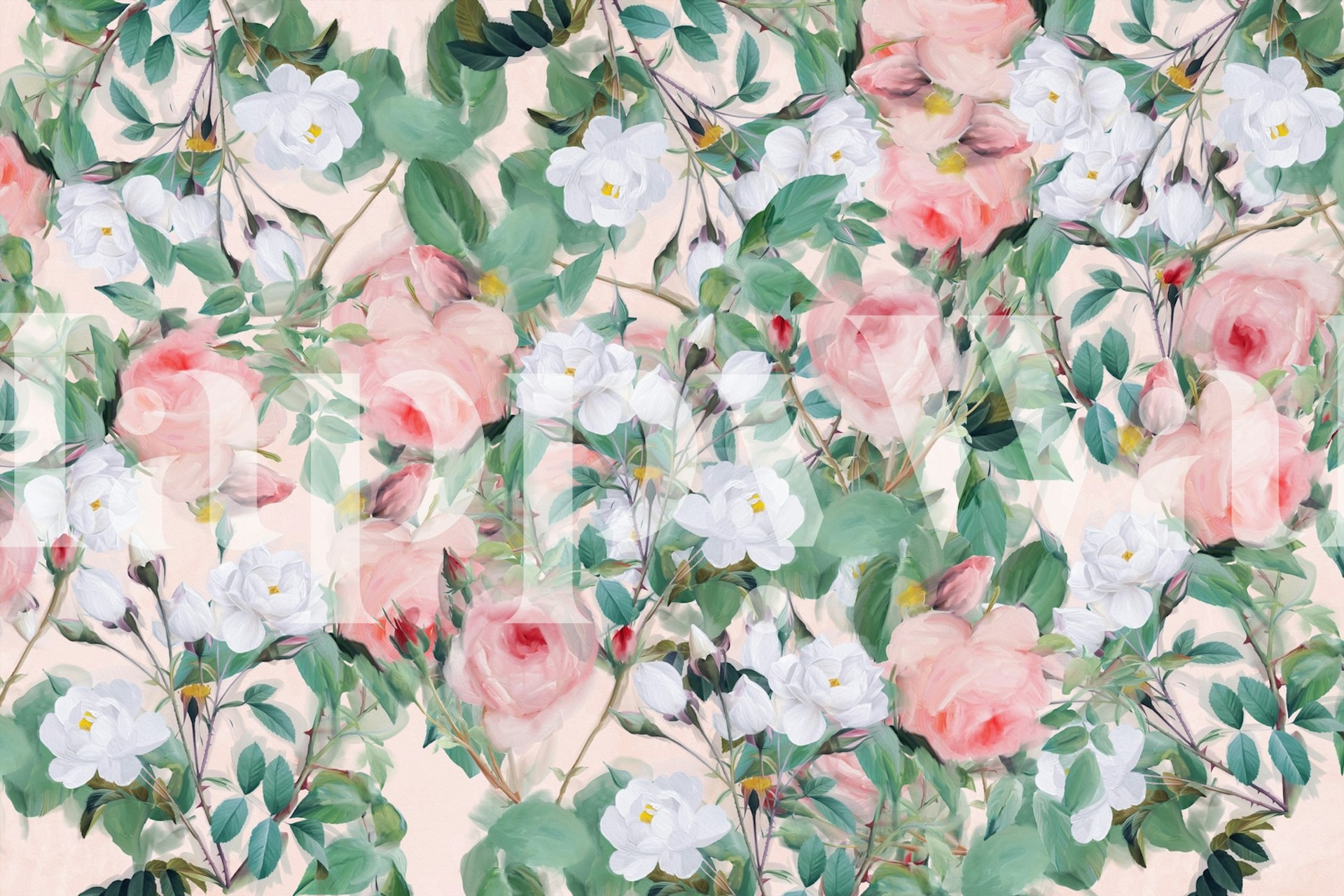 Rosa rosae elegante mural floral con suaves rosas rosadas y follaje verde sobre un fondo claro