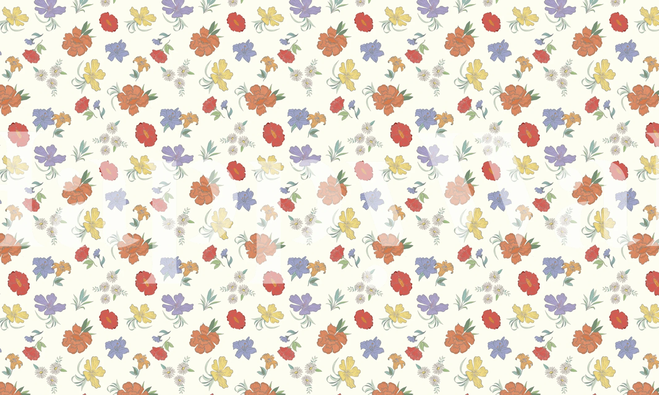 Colorful floral wallpaper with red, yellow, purple flowers on a cream background