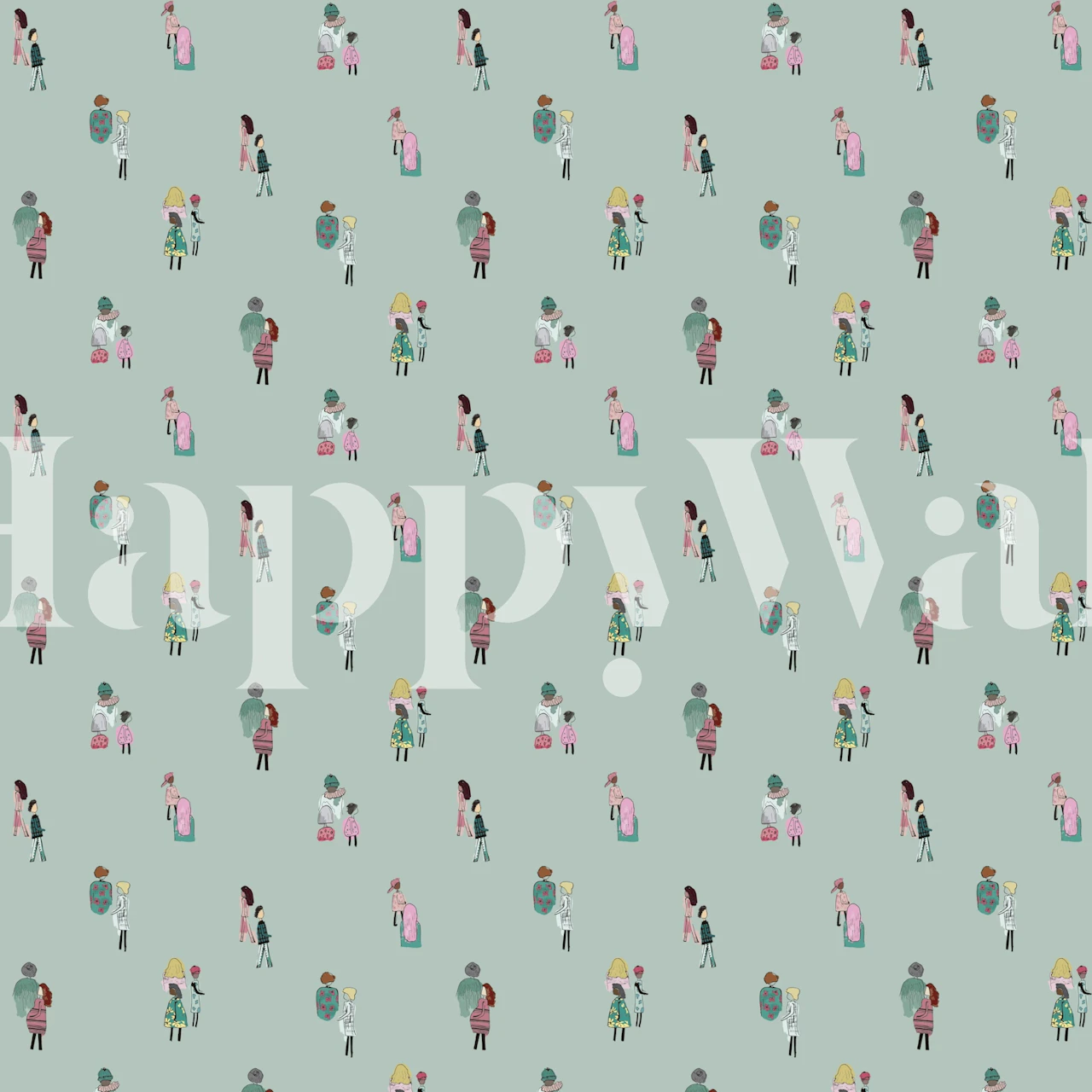Mint green wallpaper featuring illustrated figures in stylish outfits