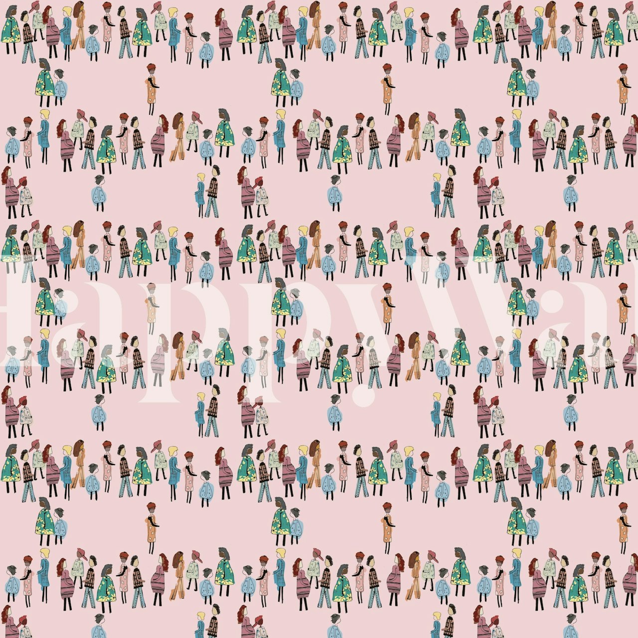 Colorful playful human figures on pink background wallpaper