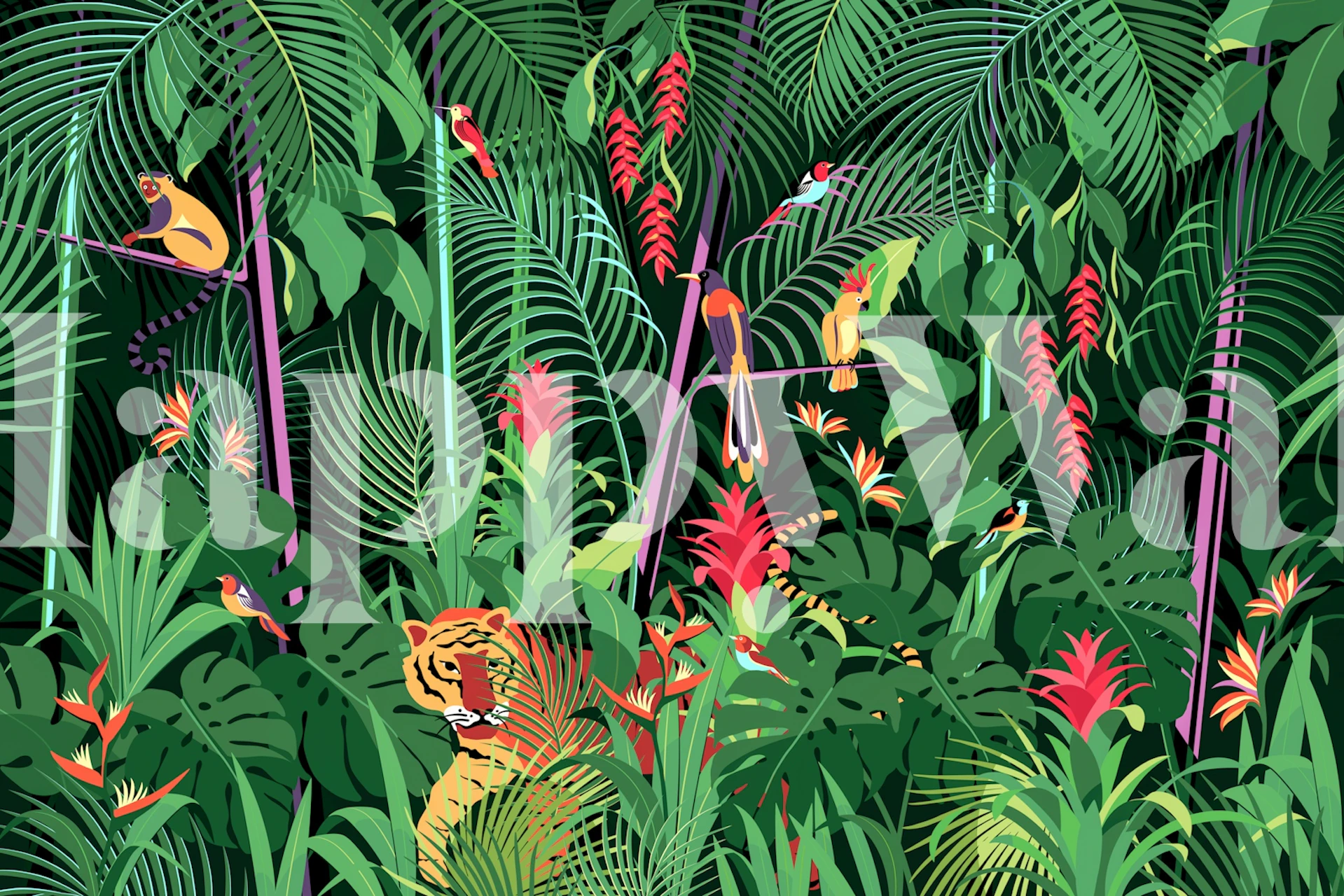 Vibrant tropical jungle wallpaper featuring lush greenery, colorful flowers, and animals