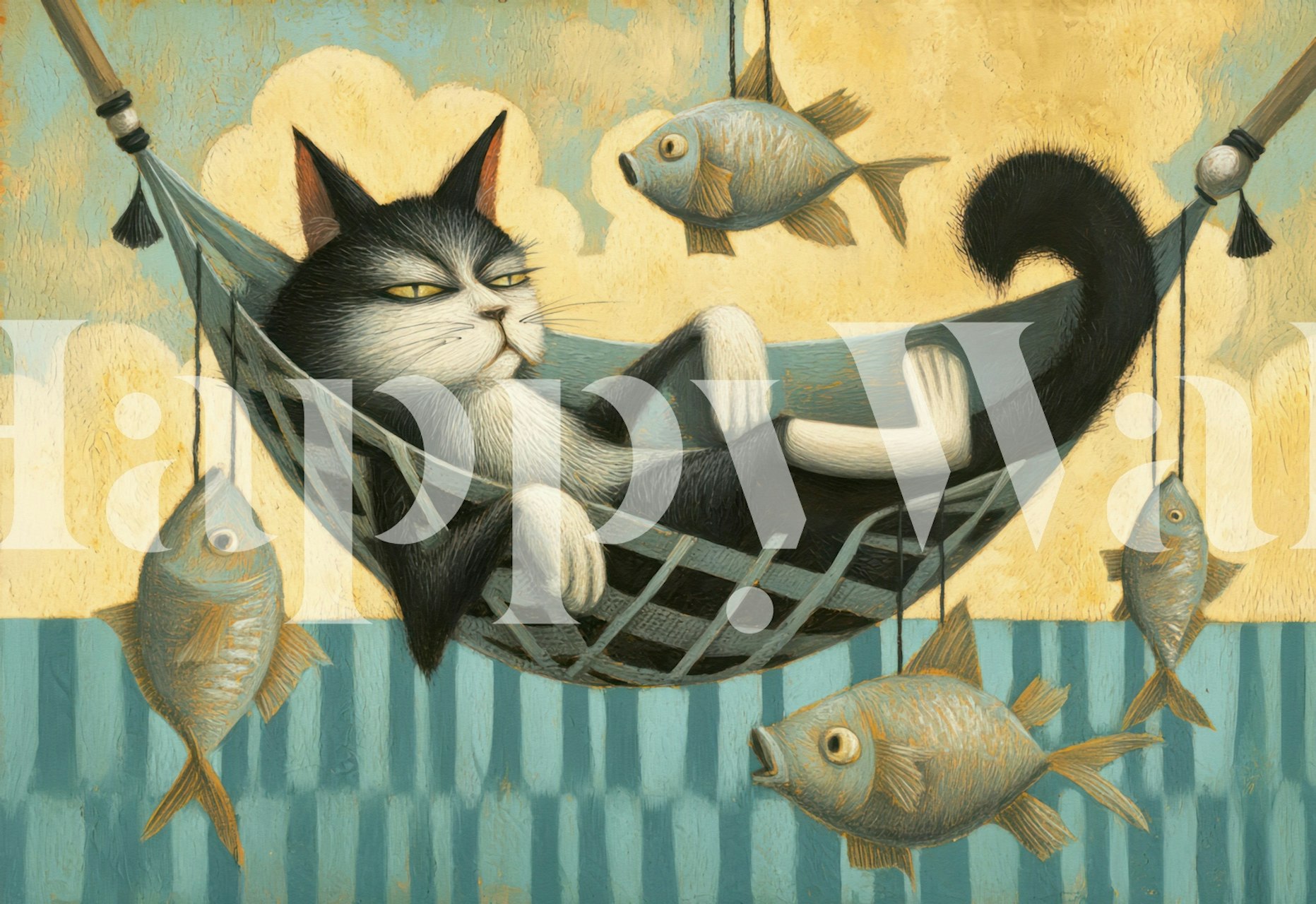 Black and white cat relaxing in a hammock with fish on ropes against a yellow background wallpaper