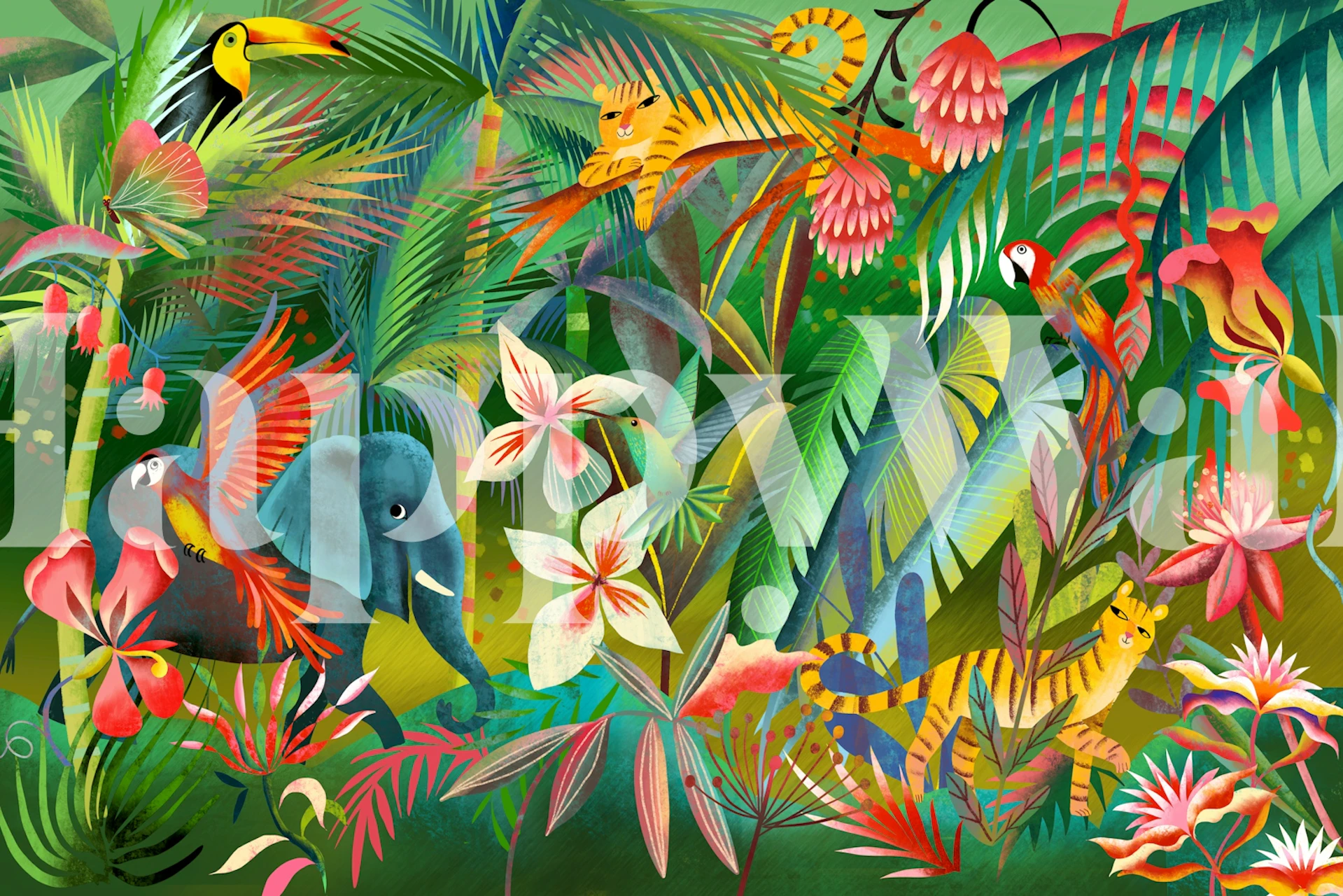 Jungle view behang met Fantastic jungle view tigers en tropische planten