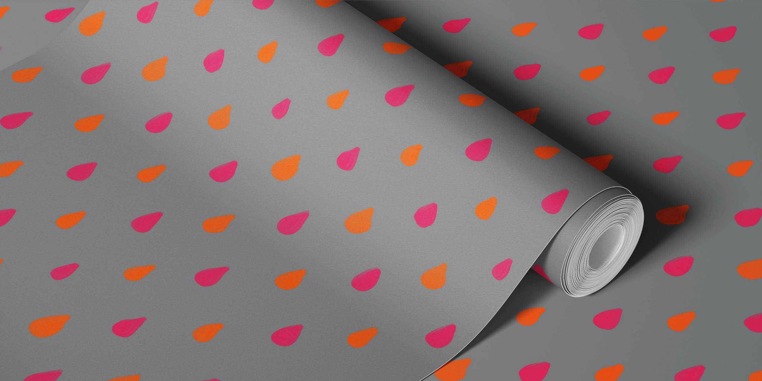 Colorful raindrop pattern in pink and orange on grey wallpaper