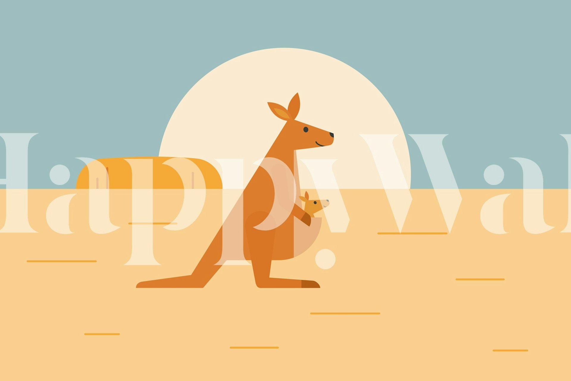 Illustration of a kangaroo with baby, sunset background, beige tones, playful style wallpaper