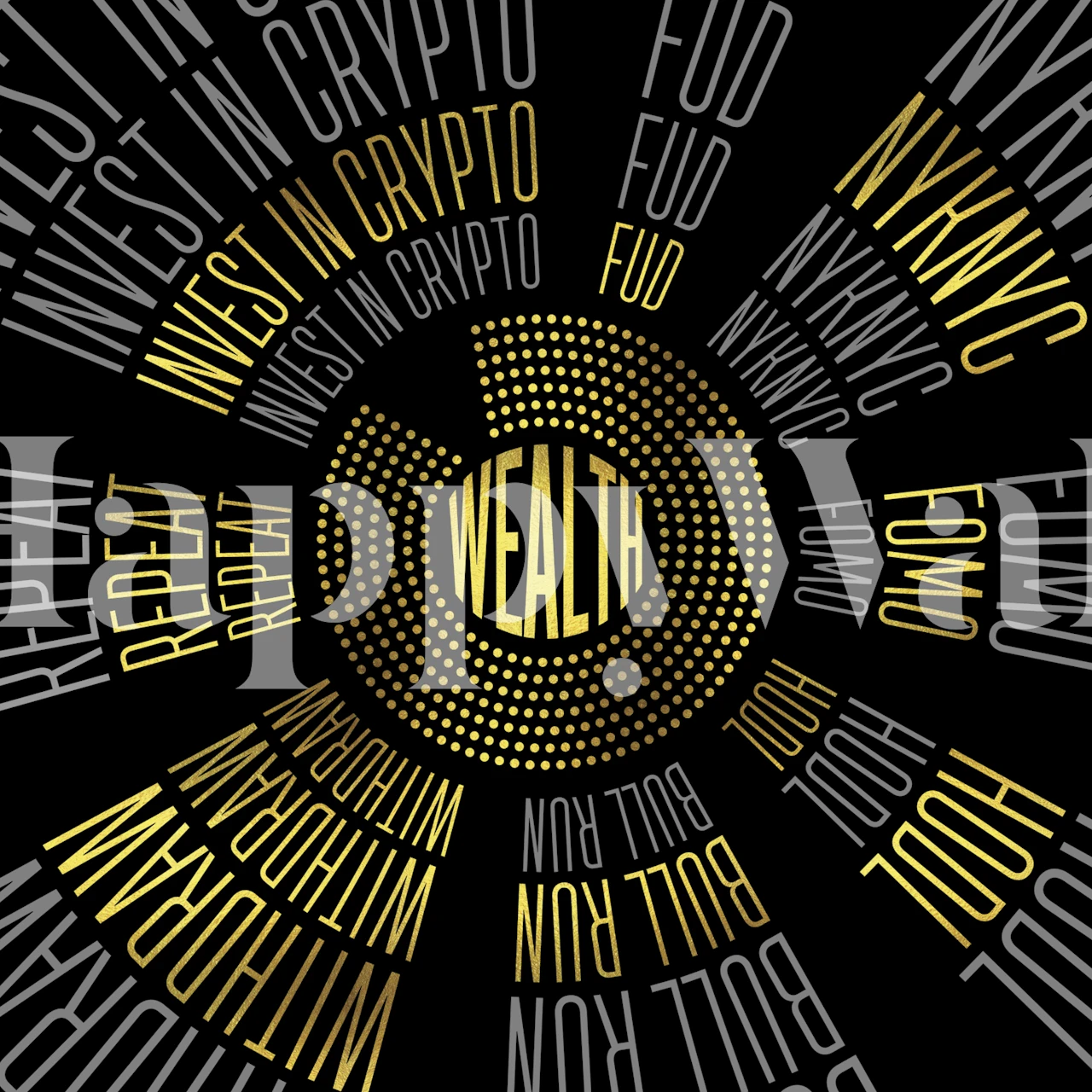 Black wallpaper with gold text graphics on cryptocurrency themes