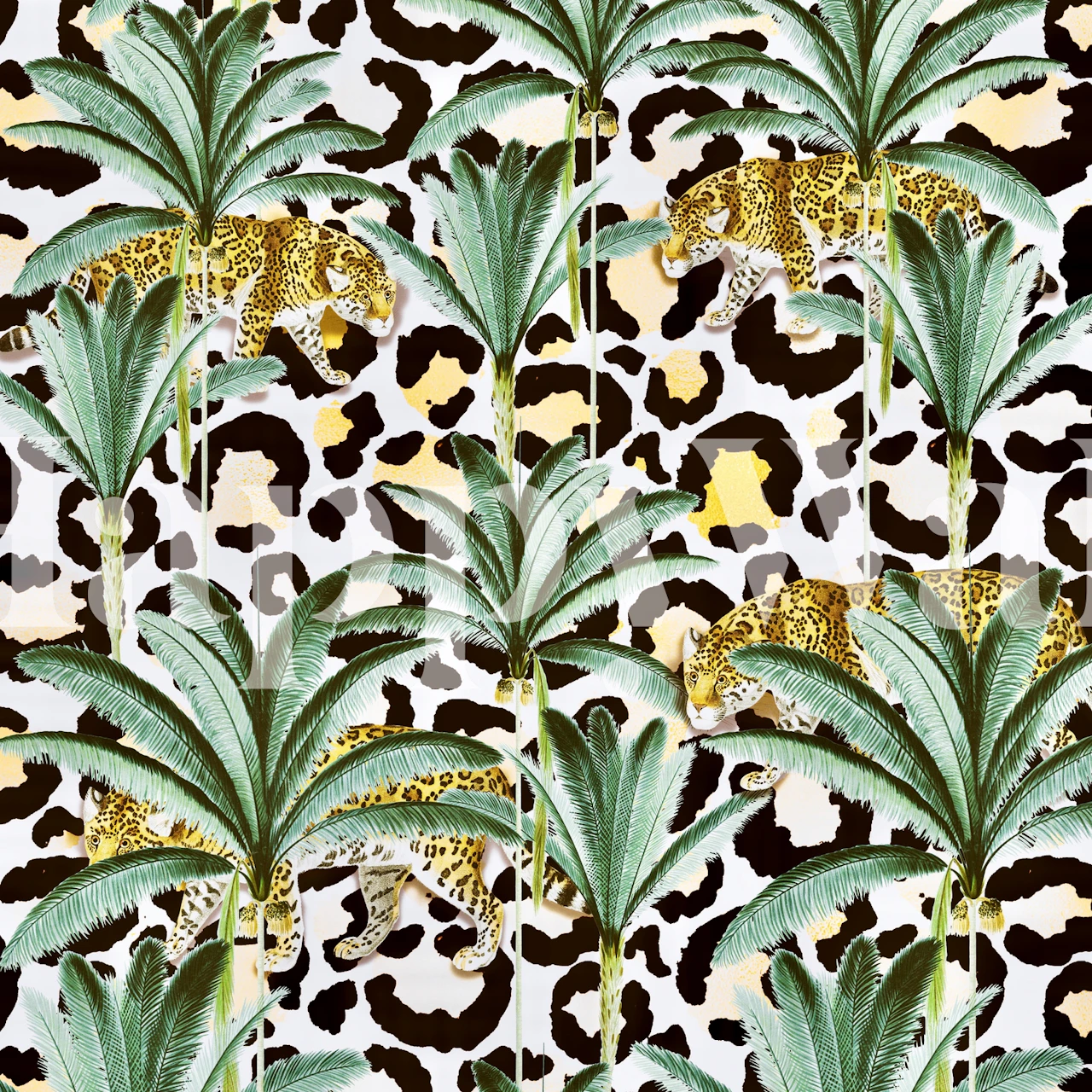 Papier peint Jungle Prowl avec imprimé léopard et feuilles de palmier