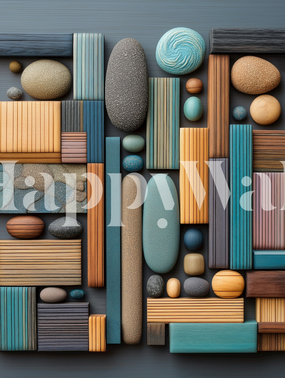 Rustic Stone and Wood Collage -tapetti huoneessa