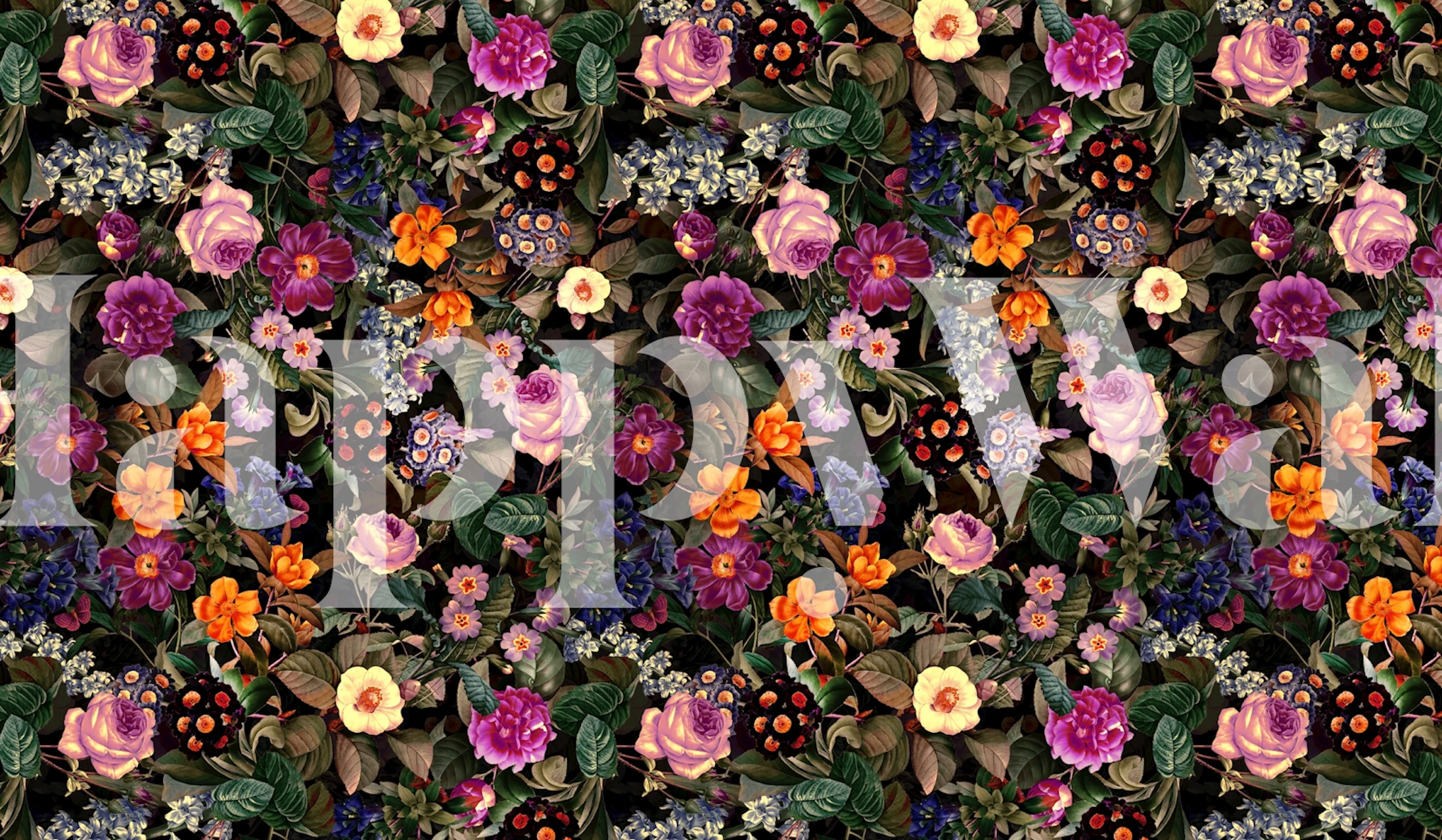 Colorful floral wallpaper featuring roses, violets, and leaves on a dark background