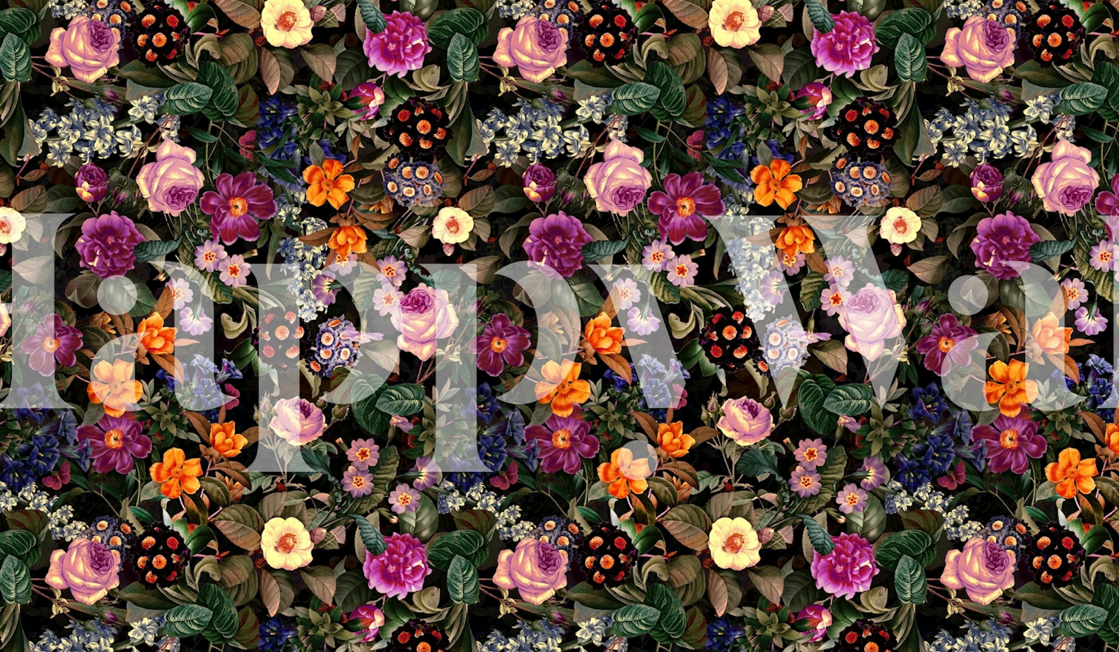 Colorful floral wallpaper featuring roses, violets, and leaves on a dark background