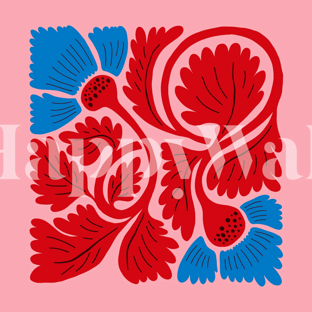 Bold floral design with red and blue flowers on pink background wallpaper