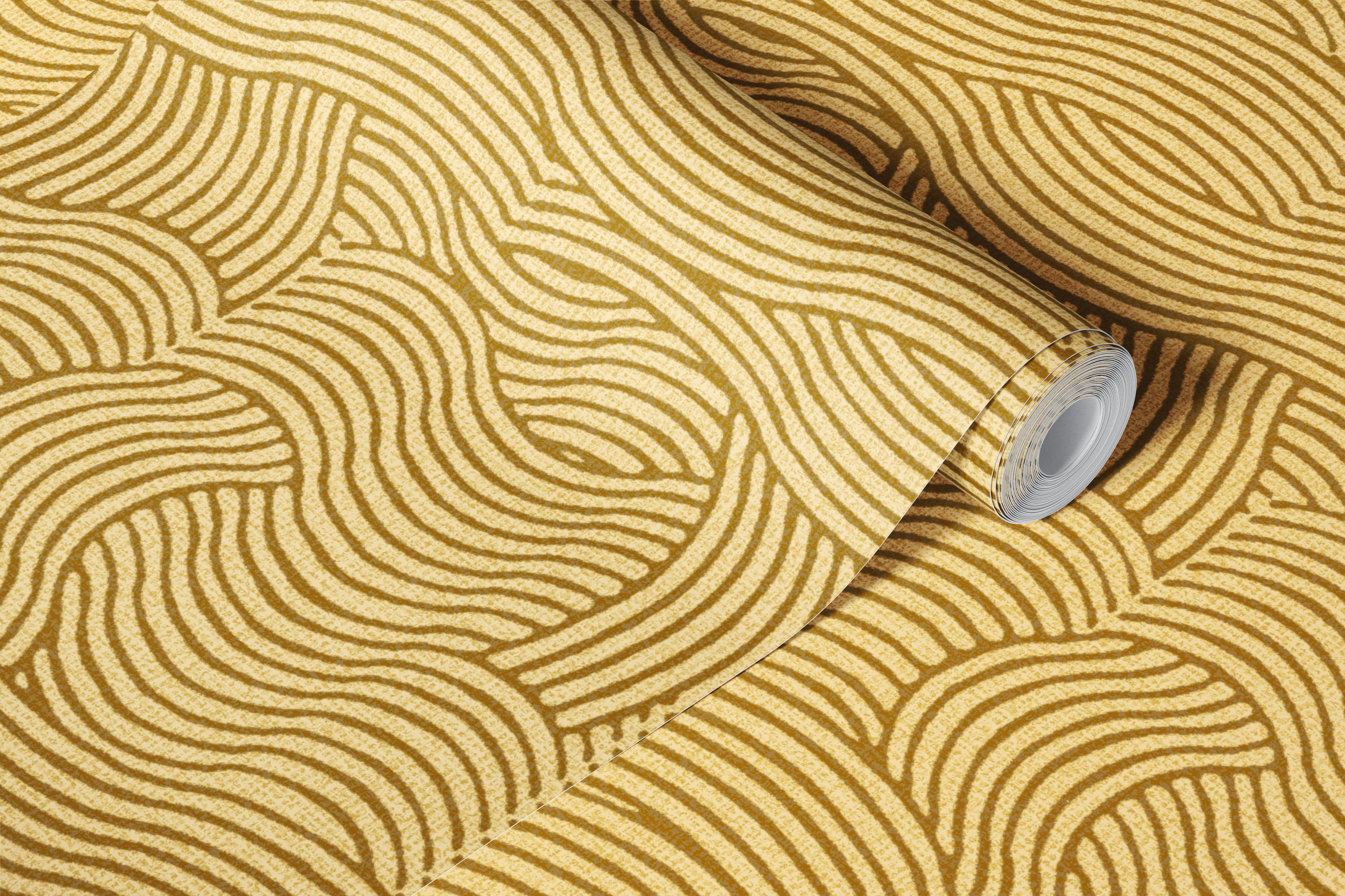 Beige and mustard wavy stripes textured wallpaper