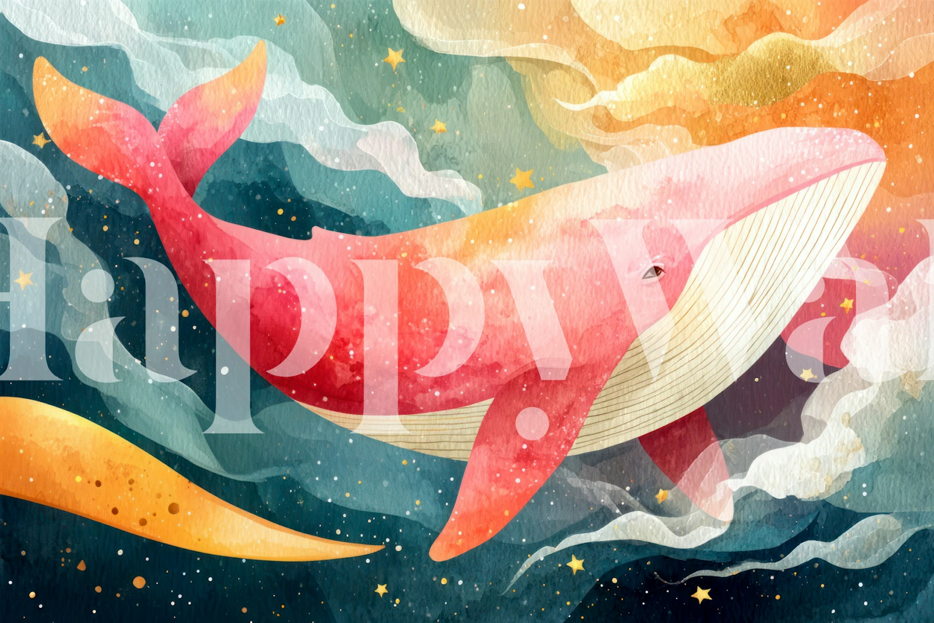 Colorful whale swimming through dreamy ocean clouds wallpaper.