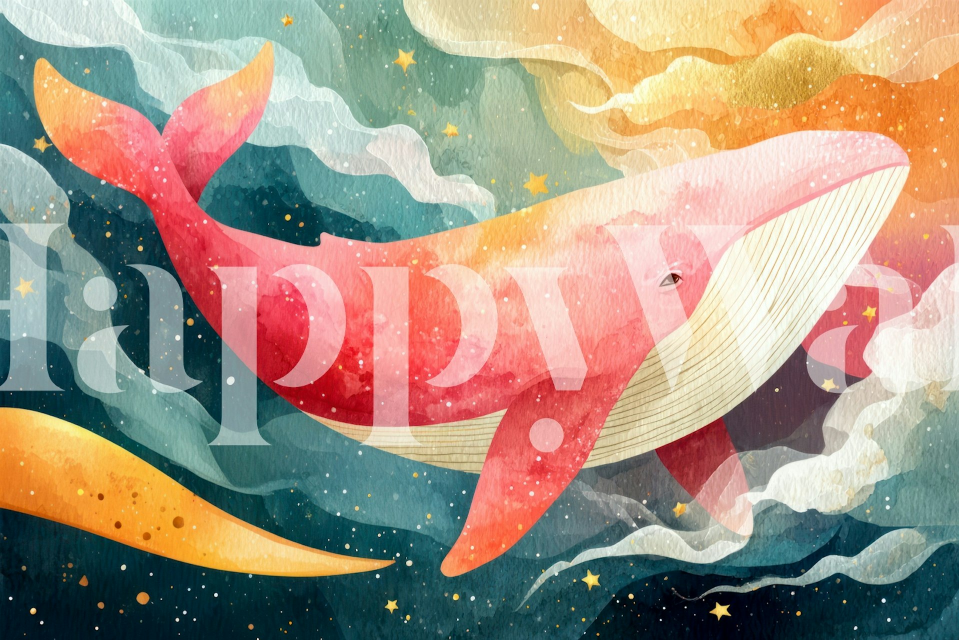 Colorful whale swimming through dreamy ocean clouds wallpaper.