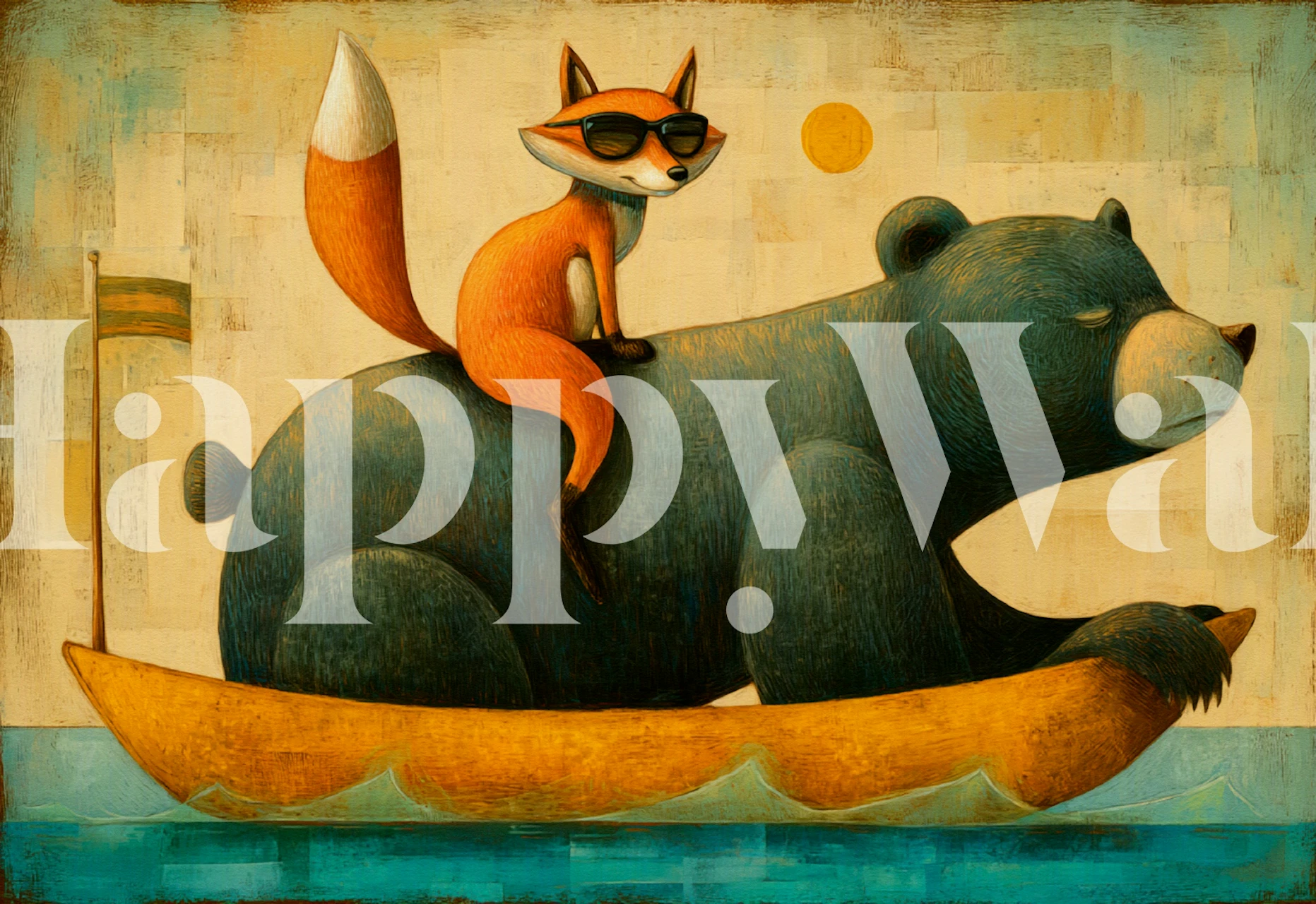 Cartoon fox on a bear in a boat with bright colors wallpaper