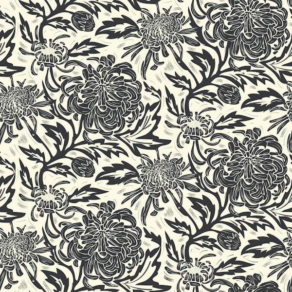 Chrysanthemum Block Print Bliss Onyx Cornsilk