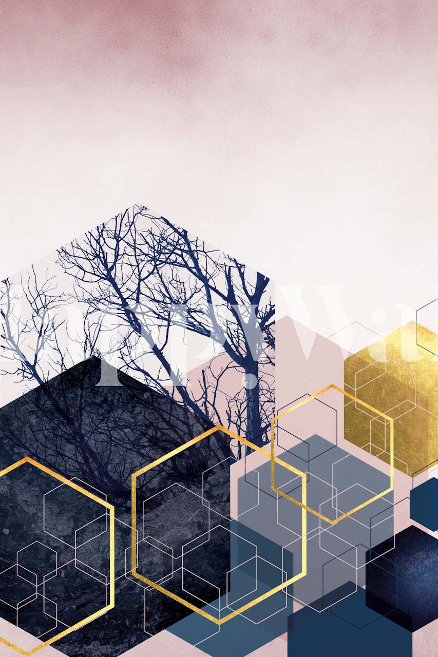Navy Blush abstracte geometrische muurschildering met boomsilhouet