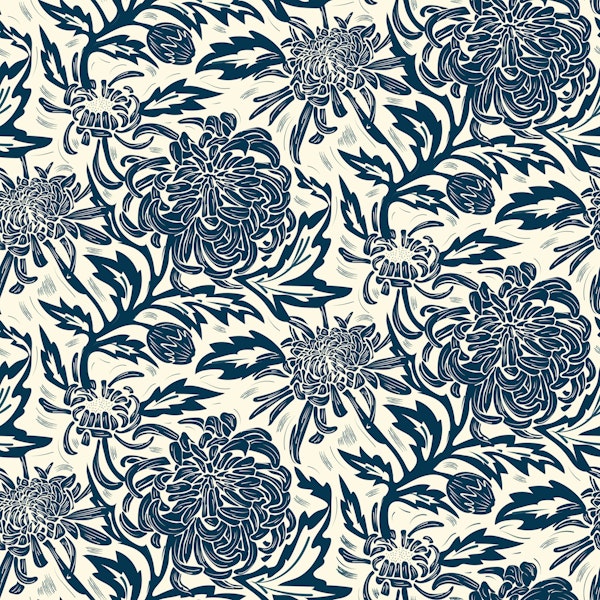 Chrysanthemum Block Print Bliss Indigo Cream
