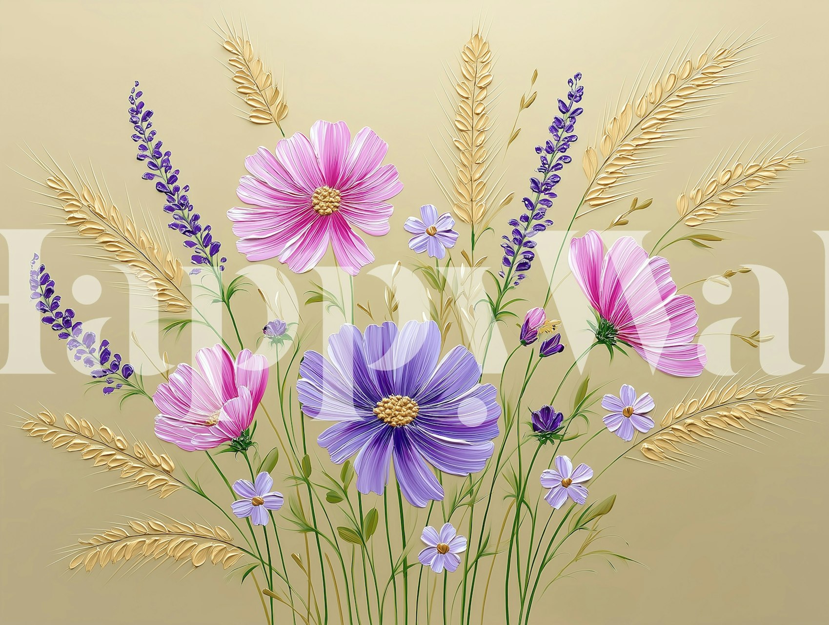 Vibrant pink and purple flowers with golden accents wallpaper