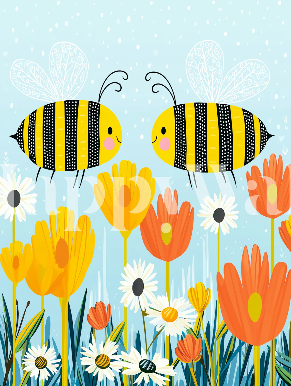 Friendly bees and flowers wallpaper design