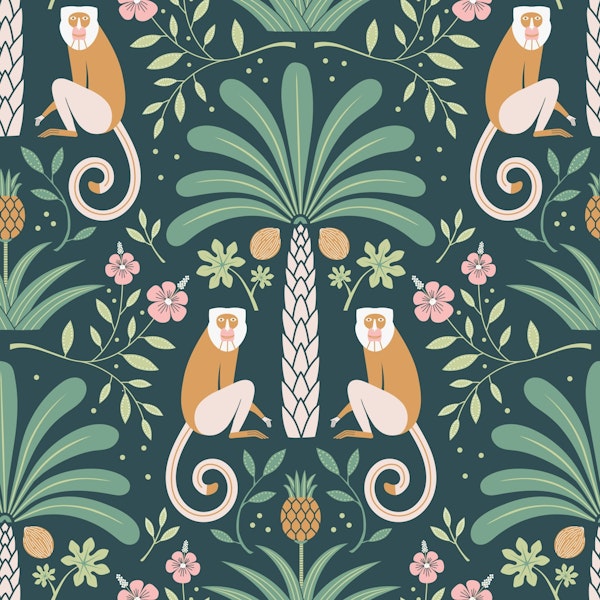 Tropical jungle with monkeys damask green