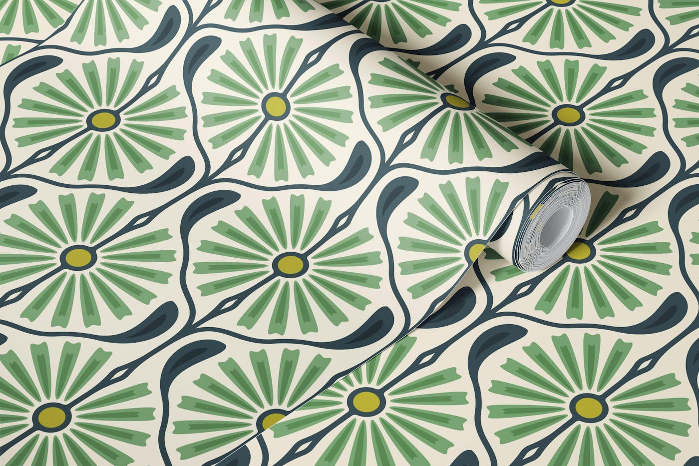 Retro Sunburst Charm in Green - L wallpaper roll