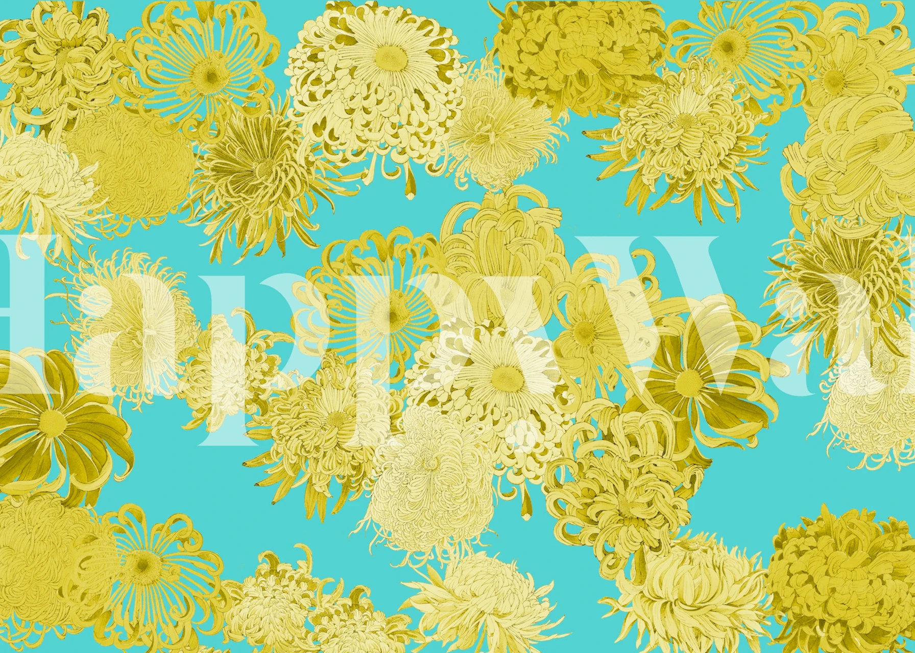 Teal garden with golden blossoms wallpaper in room