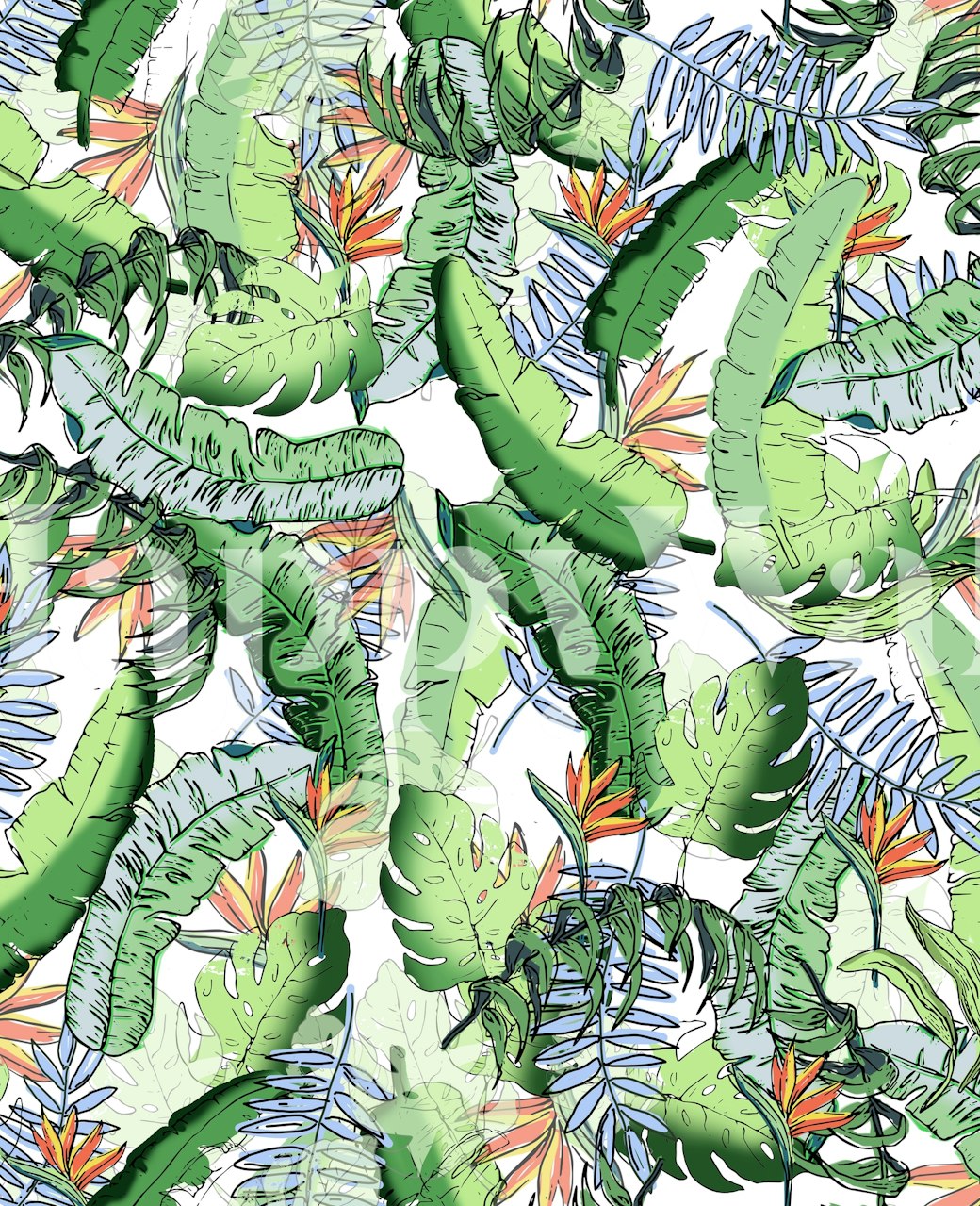 Tropical leaf pattern in green and orange on white wallpaper