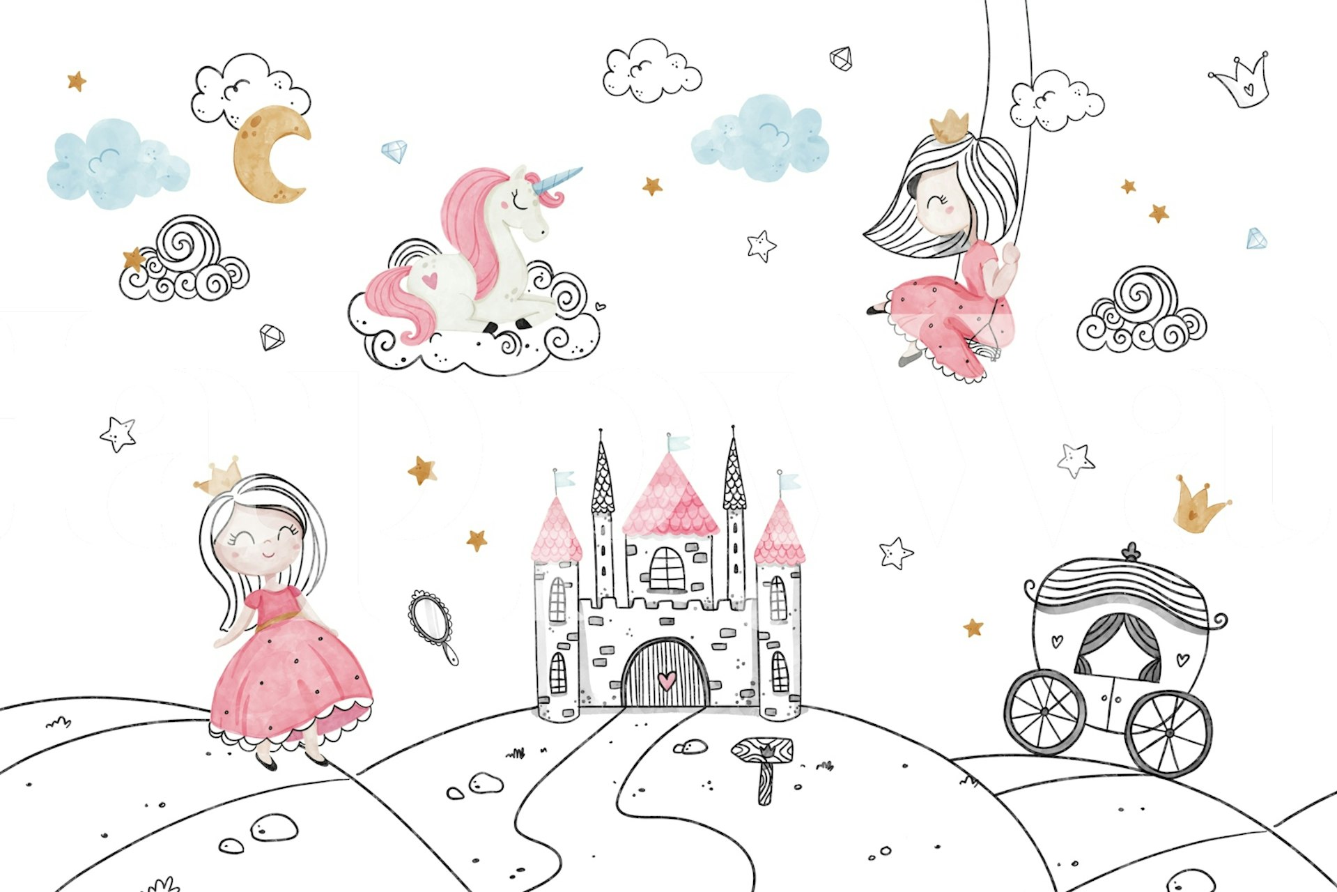 Whimsical princess and unicorn designs with pastel colors wallpaper
