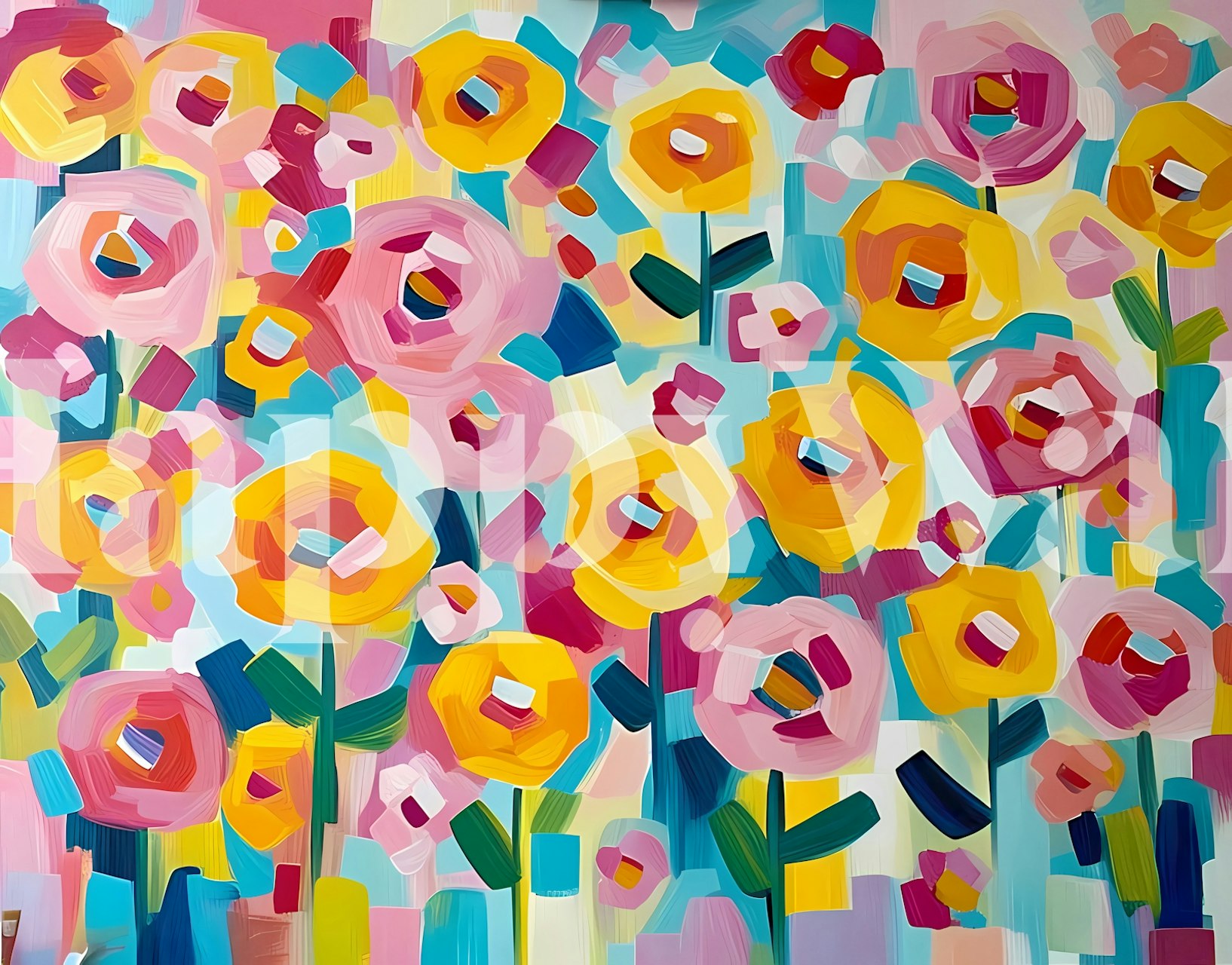 Colorful flowers in pink, yellow, and teal on abstract background wallpaper