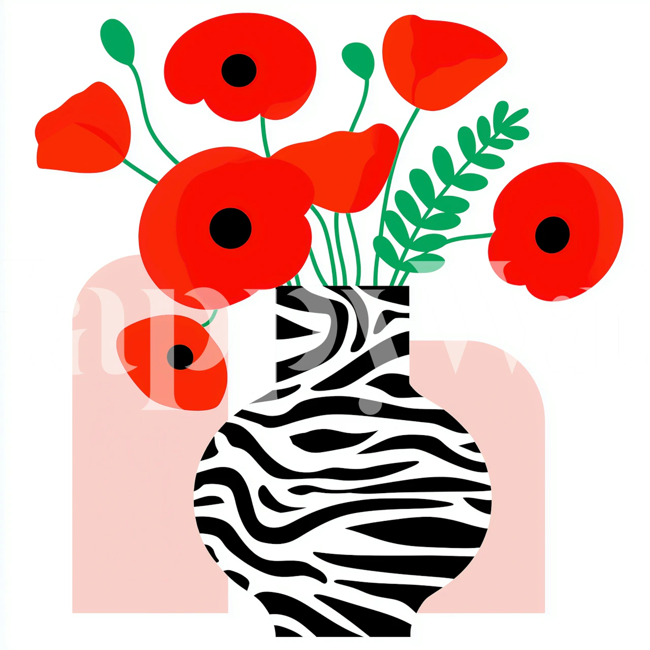 Zebra Vase with Red Poppies behang in een kamer