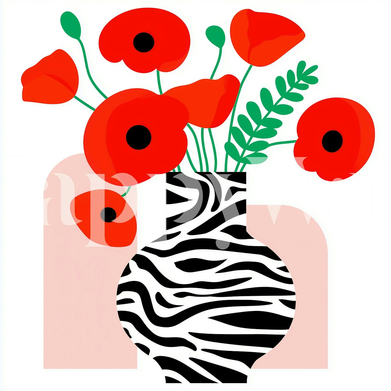 Zebra Vase with Red Poppies behang in een kamer
