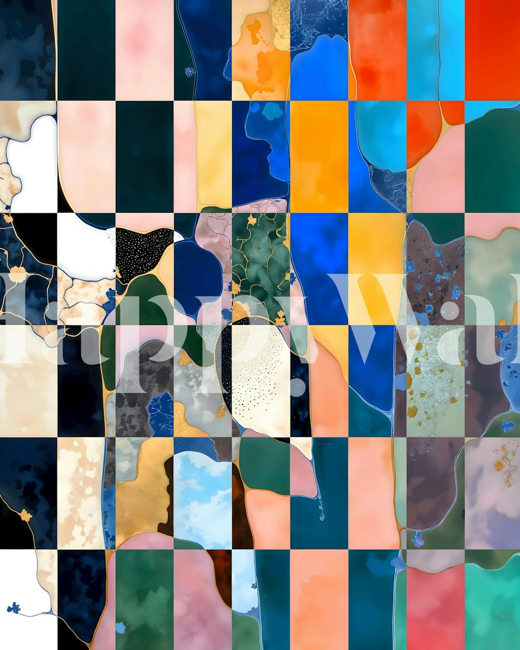 Colorful geometric squares in blue, pink, and green wallpaper