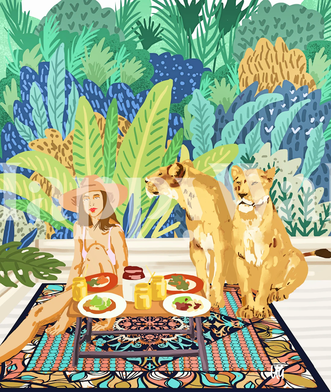 Jungle Breakfast With Lions Tapete in einem Raum