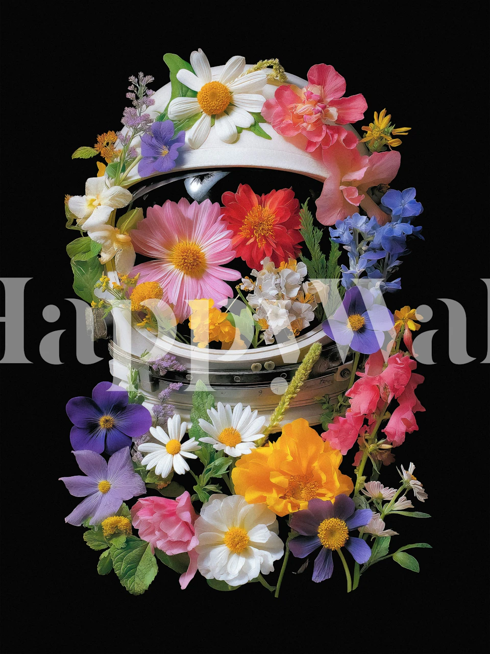 Astronaut surrounded by colorful flowers in various hues, modern floral and celestial wallpaper