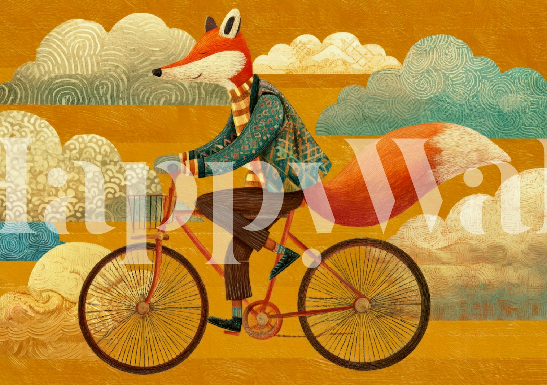 Whimsical fox riding a bicycle against an orange and cloudy backdrop wallpaper