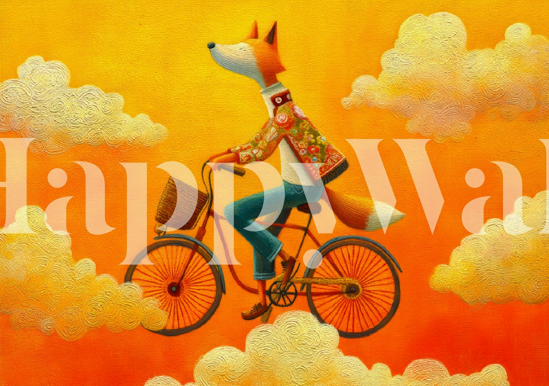 Whimsical fox riding bicycle wallpaper