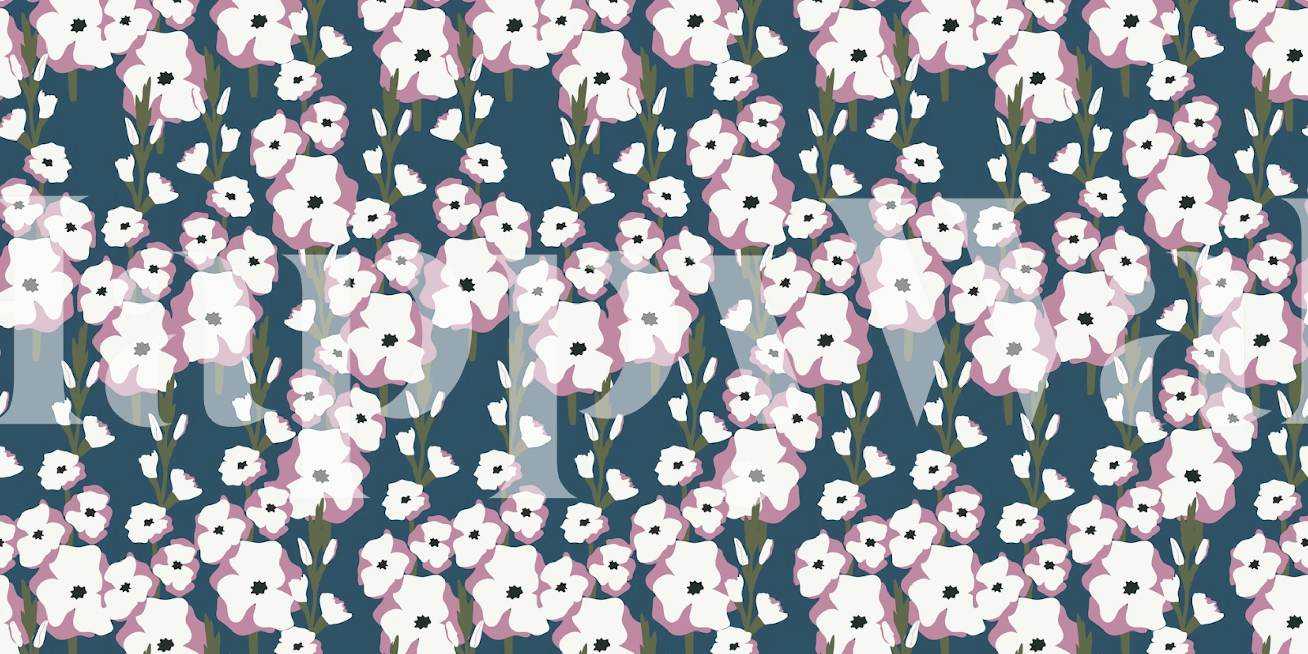 Floral pattern with pink and white flowers on a blue background wallpaper