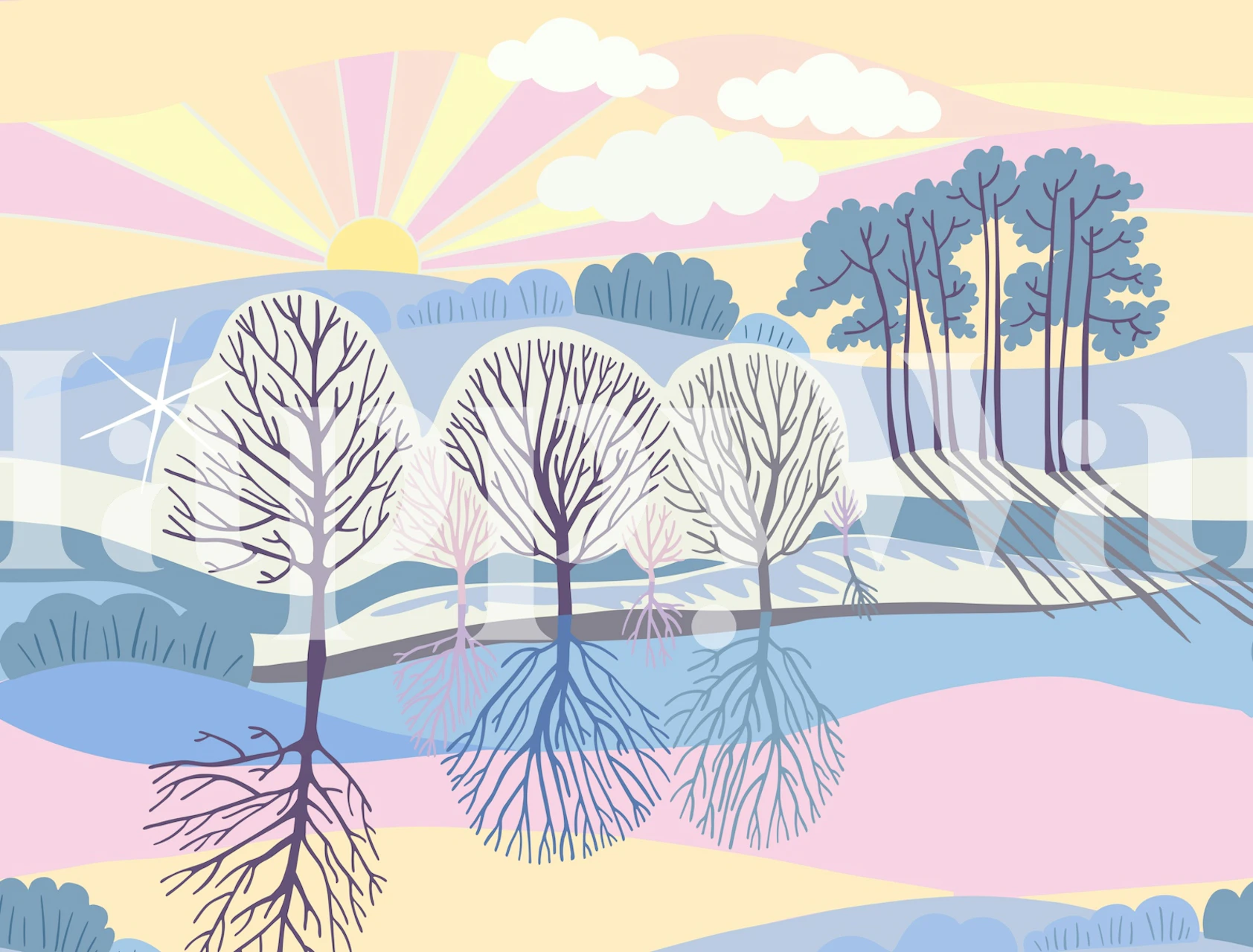 Sunshine on snowy fields mural in a room