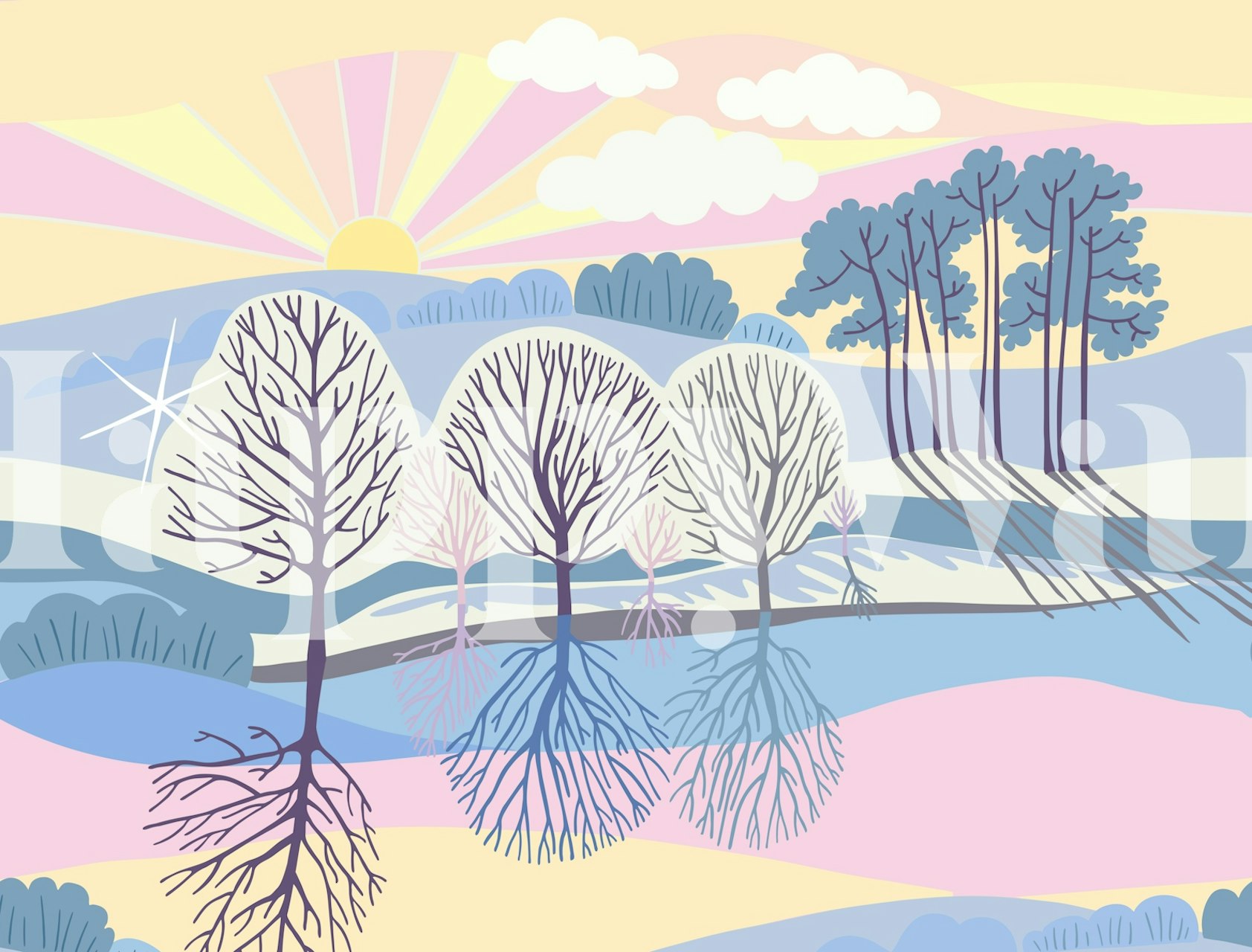 Sunshine on snowy fields mural in a room