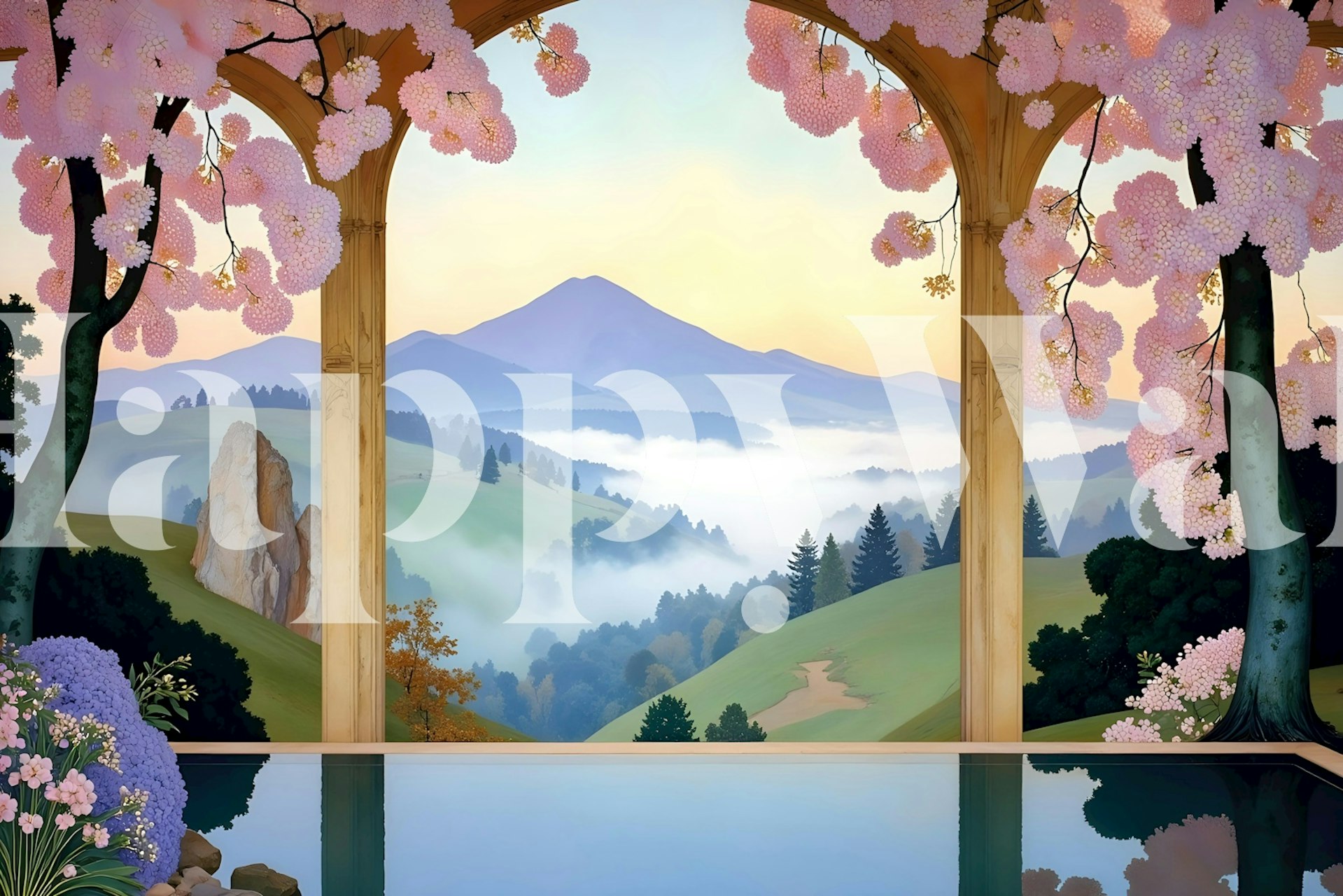 Floral arch, mountain landscape, soft pink and green wallpaper