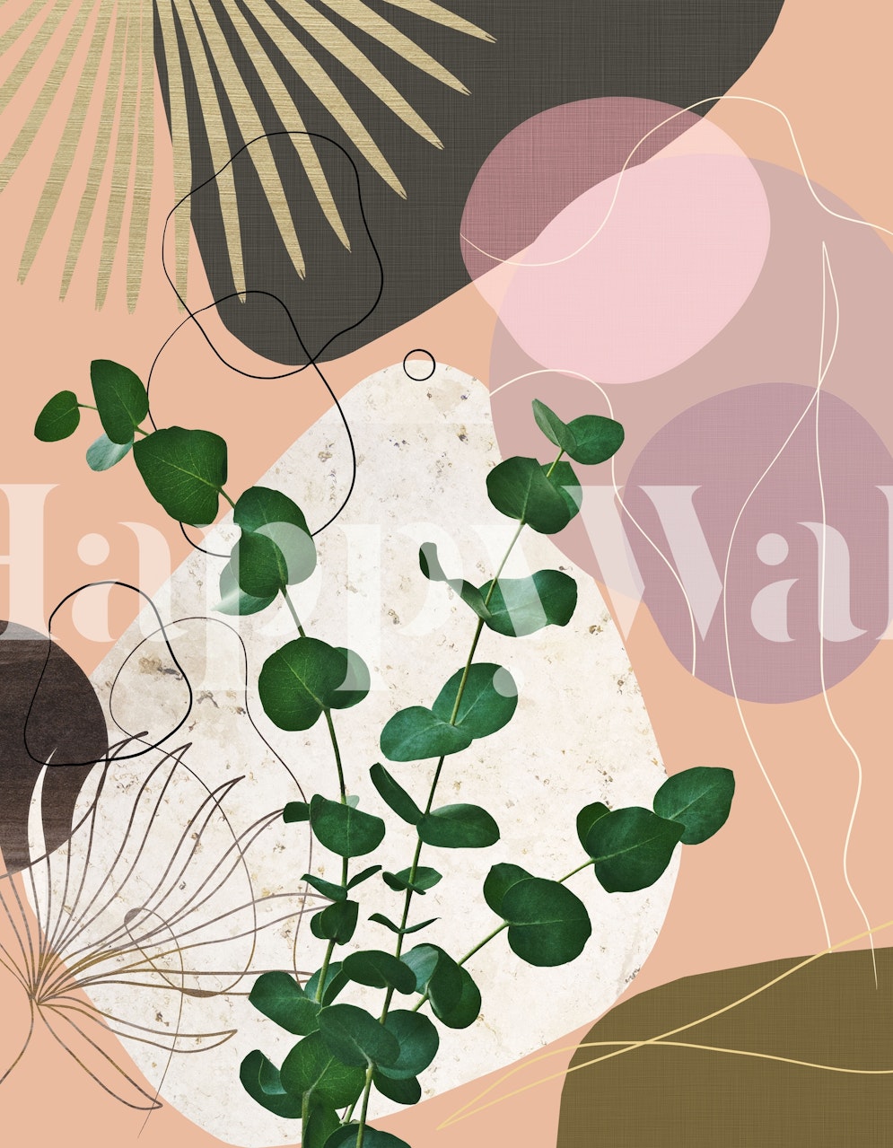 Eucalyptus leaves and abstract shapes in pink and green wallpaper