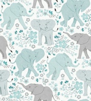Elephants in Wildflowers - duck egg blue tapete